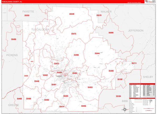 Tuscaloosa County Al Zip Code Wall Map Red Line Style By Marketmaps