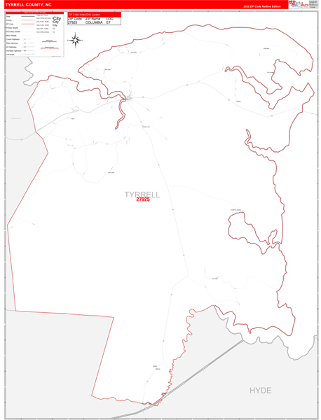 Tyrrell County Wall Map Red Line Style