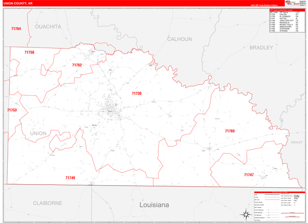 Union County, AR Wall Map Red Line Style