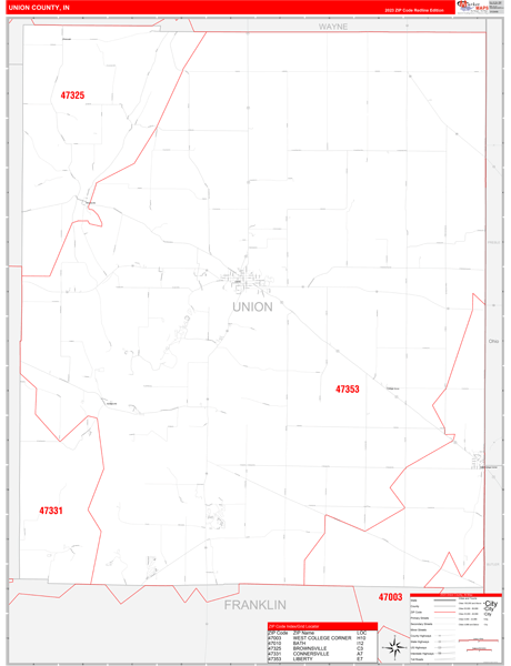 Union County, IN Map Red Line Style