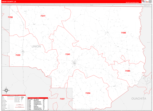 Union Parish (County), LA Zip Code Wall Map