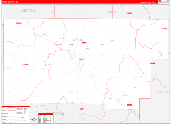 Union County, MS Zip Code Wall Map