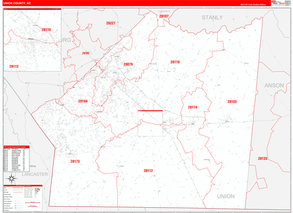 Union County NC Zip Code Wall Map Red Line Style by MarketMAPS MapSales