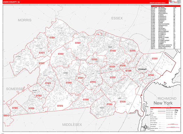 Union County, NJ Zip Code Map