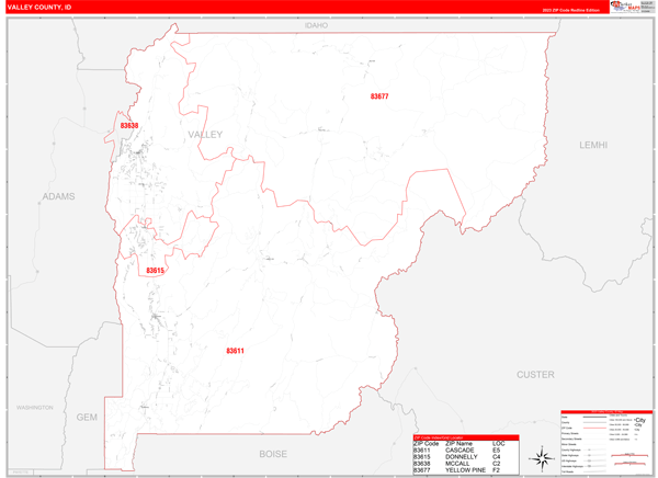 Valley County, ID Wall Map Red Line Style