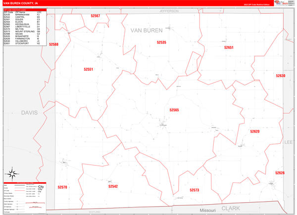 Van Buren County, IA Zip Code Wall Map Red Line Style by MarketMAPS ...