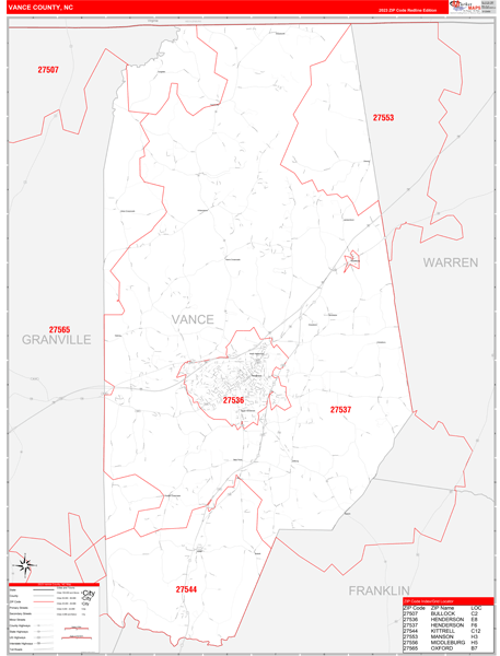 Vance County, NC Zip Code Wall Map Red Line Style by MarketMAPS