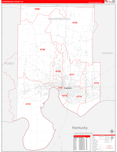Vanderburgh County, IN Map Red Line Style