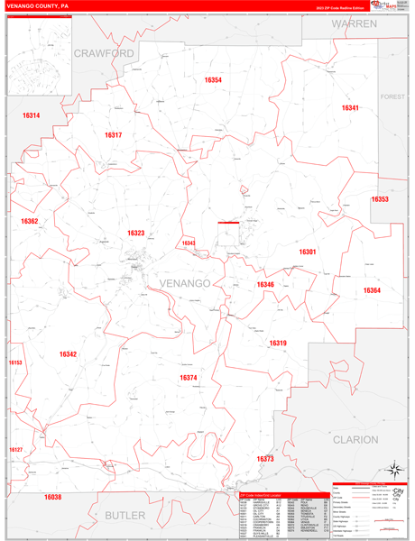 Venango County, PA Zip Code Wall Map Red Line Style by MarketMAPS ...