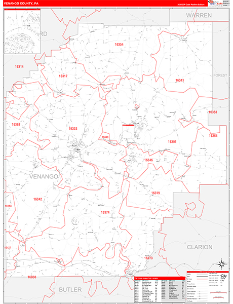 Venango County, PA Wall Map Red Line Style