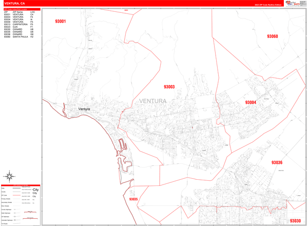 Ventura County, CA Zip Code Wall Map Red Line Style by MarketMAPS