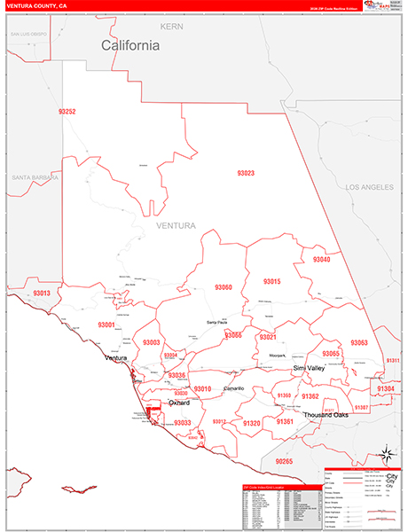 Ventura County, CA Map Red Line Style