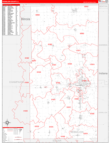 Vermilion County, IL Zip Code Wall Map