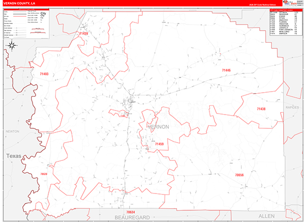Vernon Parish (County), LA Wall Map Red Line Style