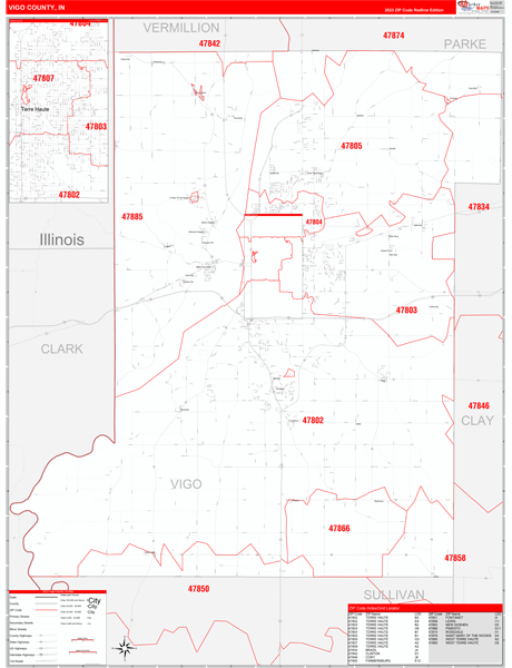 Vigo County, IN Map Red Line Style