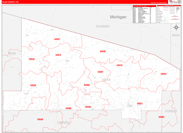 Vilas County Digital Map Red Line Style