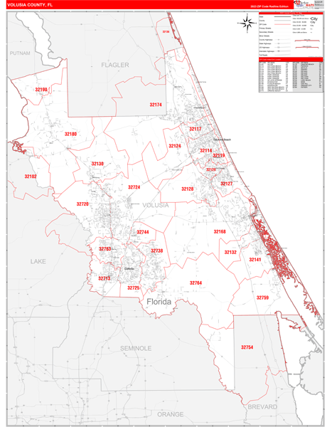 Volusia County Zip Code Map Volusia County, FL Zip Code Wall Map Red Line Style by MarketMAPS
