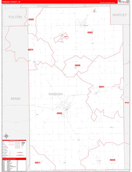 Wabash County, IN Wall Map Red Line Style
