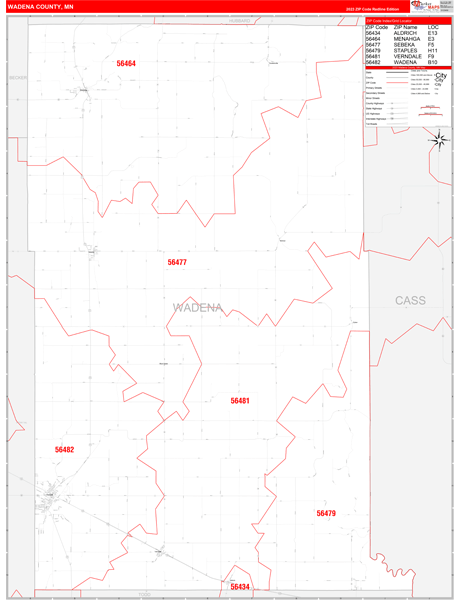 Wadena County, MN Wall Map Red Line Style