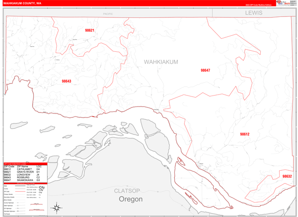 Wahkiakum County Wall Map Red Line Style