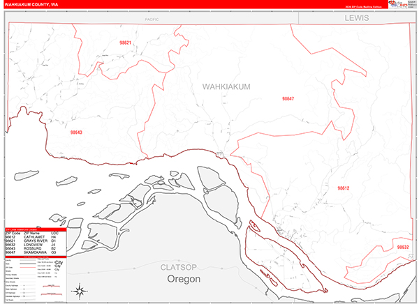Wahkiakum County, WA Wall Map Red Line Style
