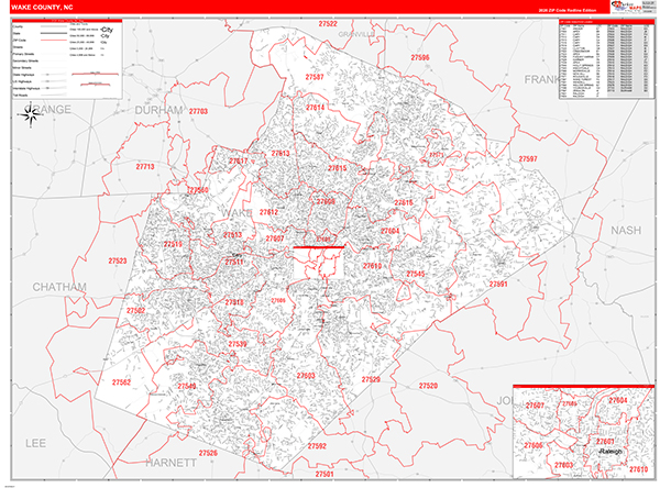 Wake County Wall Map Red Line Style