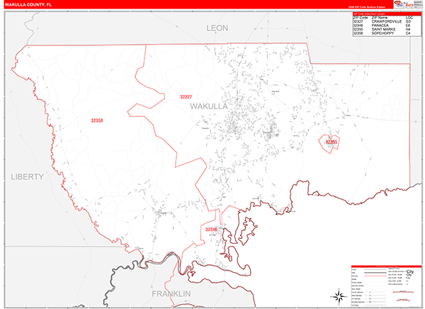 Wakulla County, FL Wall Map Red Line Style