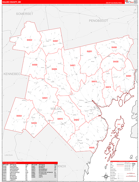 Waldo County, ME Wall Map Red Line Style