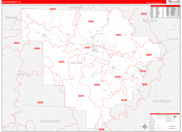 Walker County, AL Wall Map Red Line Style