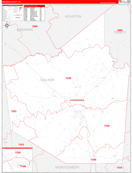 Walker County, TX Wall Map Red Line Style