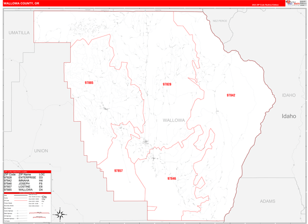 Wallowa County Digital Map Red Line Style