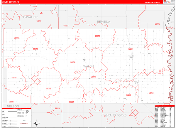 Walsh County, ND Wall Map Red Line Style