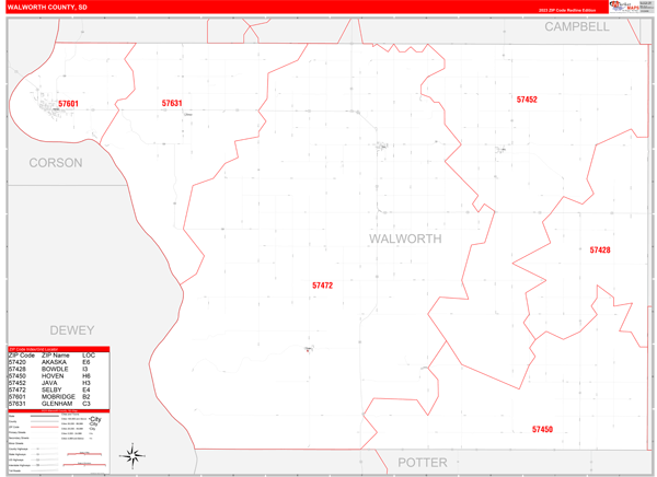Walworth County, SD Wall Map Red Line Style