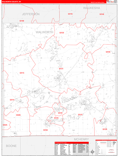 Walworth County, WI Zip Code Wall Map