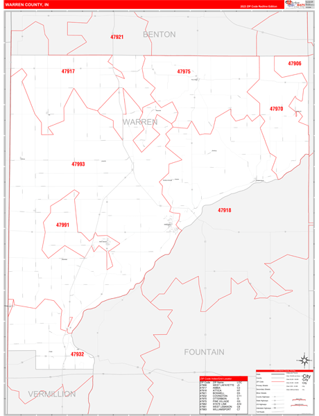 Warren County, IN Wall Map Red Line Style