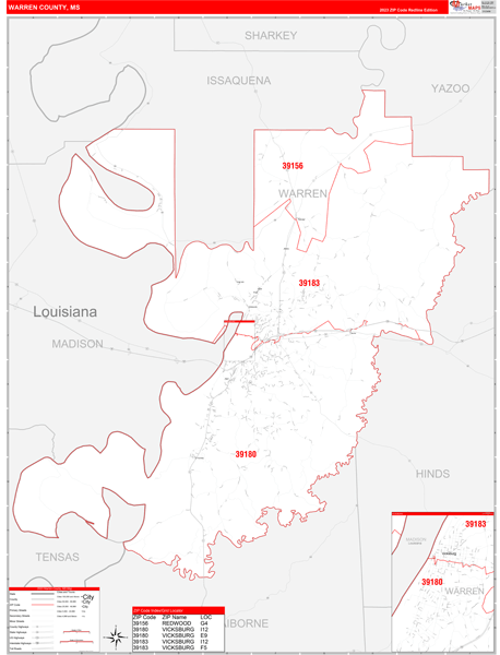 Warren County, MS Wall Map Red Line Style