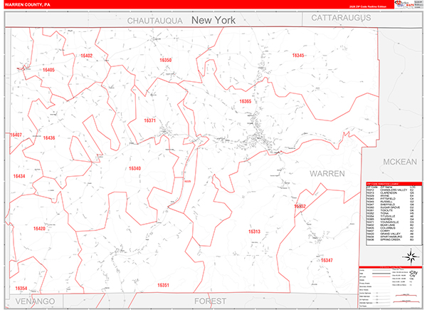 Warren County, PA Wall Map Red Line Style