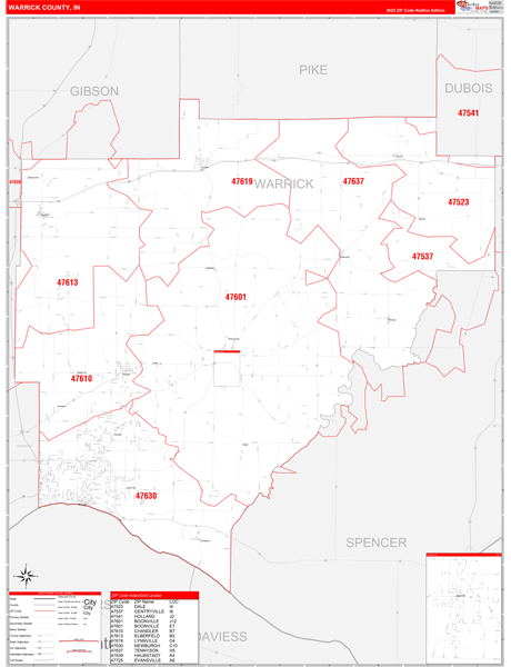 Warrick County, IN Wall Map Red Line Style