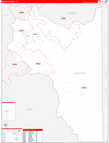 Wasatch County Wall Map Red Line Style