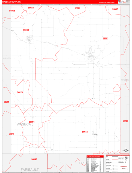 Waseca County, MN Wall Map Red Line Style