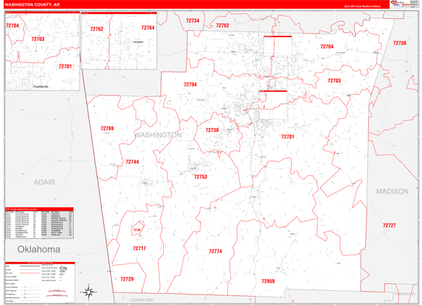 Washington County, AR Zip Code Wall Map Red Line Style by MarketMAPS