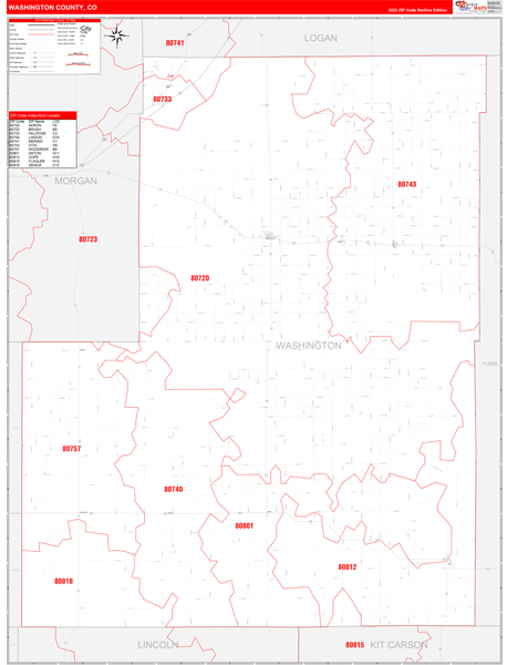 Washington County, CO Wall Map Red Line Style