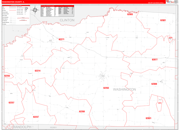 Washington County, IL Wall Map Red Line Style