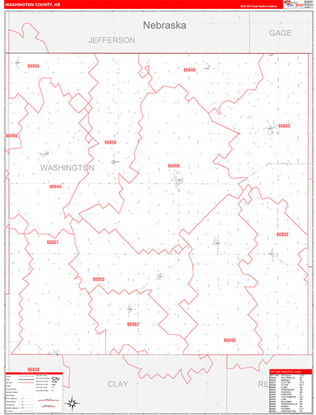 Washington County, KS Zip Code Wall Map