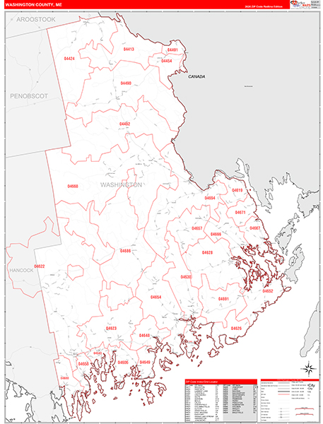 Washington County, ME Wall Map Red Line Style
