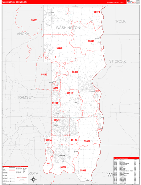 Washington County, MN Zip Code Wall Map Red Line Style by MarketMAPS