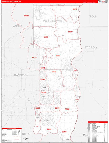 Washington County Wall Map Red Line Style