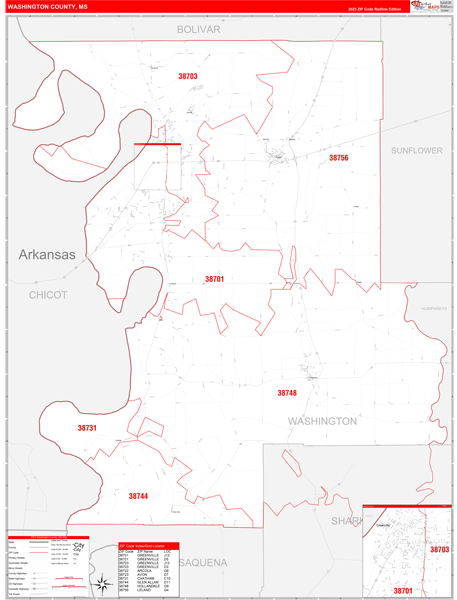 Washington County, MS Wall Map Red Line Style