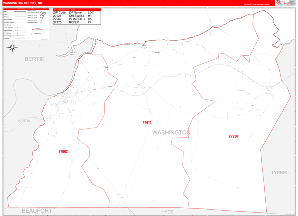 Washington County, NC Zip Code Wall Map Red Line Style by MarketMAPS