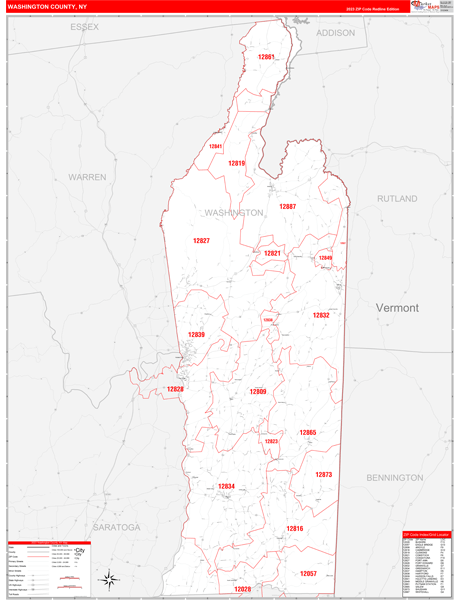 Washington County, NY Wall Map Red Line Style